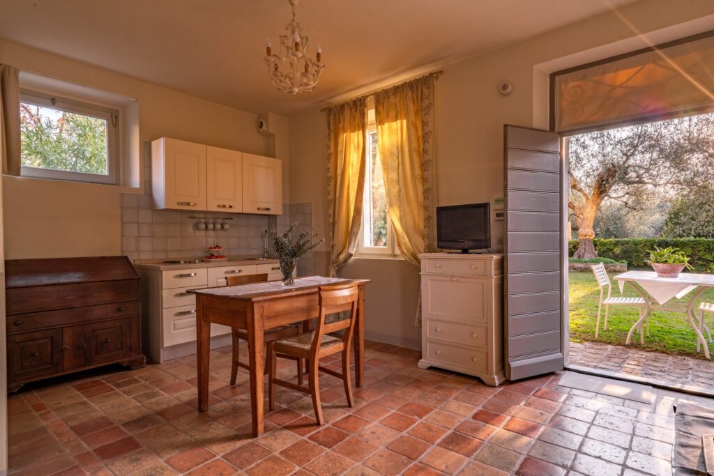 Monolocale con cucina, un tavolo legno, cassettiera bianca con sopra una Tv, dalla porta aperta si intravede il giardino con tavolo e sedie.